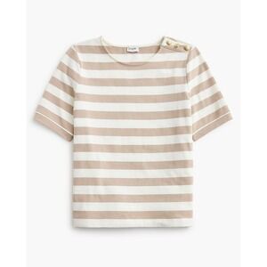 J.Crew Womens XL Striped Short Sleeve Boatneck Top Gold Button Shoulder Beige